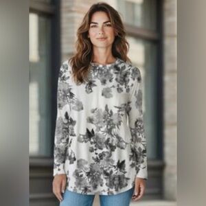 Pure Jill Pima Stretch Cotton Shirttail Floral Print Long Sleeve Top
